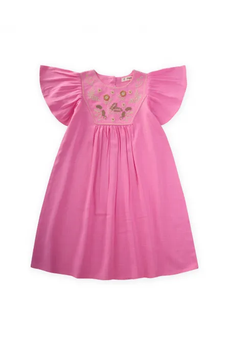 Robe en lin brodé rose pour enfants de 2 à 7 ans