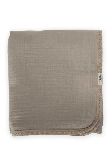 Couverture en mousseline simple épaisseur brodée de dentelle 100 x 100 cm +/- 3 cm Vison