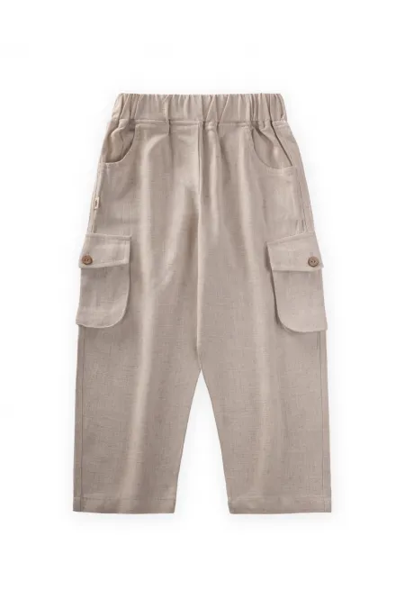 Çift Körük Cepli Keten Pantolon 2-7 Yaş Naturel
