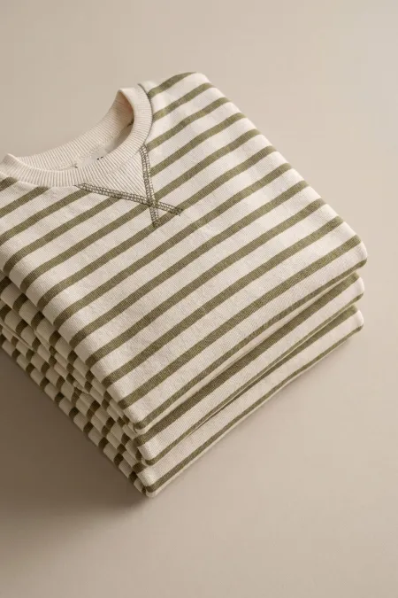 Çizgili Karyoka Detaylı Mevsimlik Sweatshirt  2-12 Yaş Olive