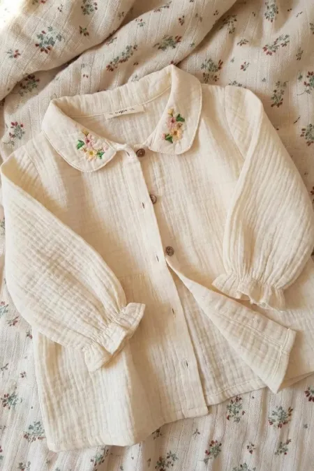Nakışlı Müslin Gömlek 2-8 Yaş Naturel
