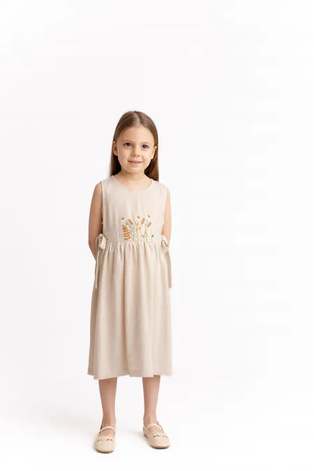 Robe en lin brodée à nouer sur le côté pour enfants de 2 à 7 ans, couleur naturelle