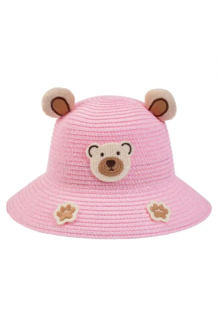 Chapeau de paille à oreilles d'ours pour filles de 1 à 3 ans, rose