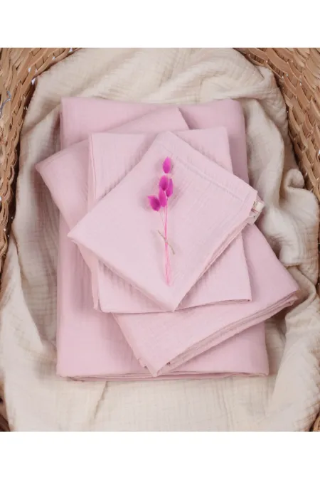 Parure de lit en mousseline avec pochette, housse de couette 100 x 135 cm +/- 3 cm, drap-housse 120 x 150 cm, taie d'oreiller 35 x 45 cm, rose poudré