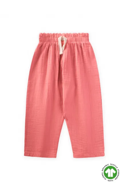 Organic Wide Cut Muslin Trousers with Ruffle Waistband, Coral, Ages 1-8