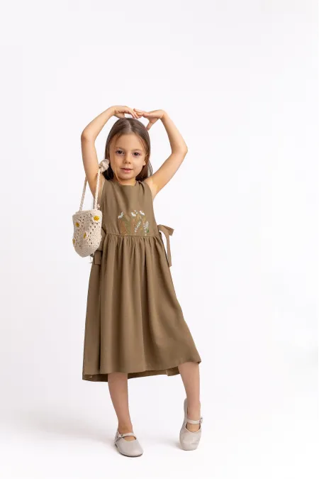 Robe en lin brodée à nouer sur le côté, couleur camel, pour enfants de 2 à 7 ans