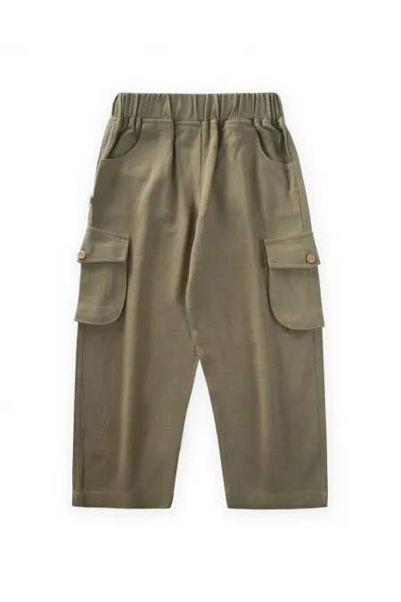 Çift Körük Cepli Keten Pantolon 2-7 Yaş Haki Yeşil
