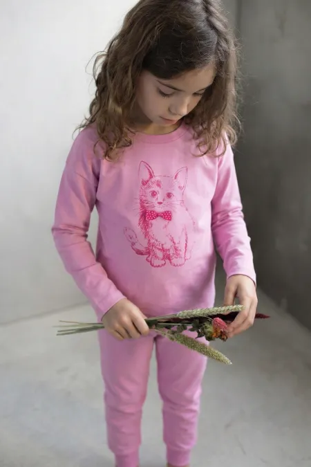 Ensemble pyjama à imprimé chat pour enfants de 2 à 8 ans, rose