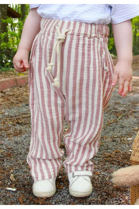 Muslin Pants for Ages 1-10, Red Striped Muslin Pants for Ages 1-10, Red Striped