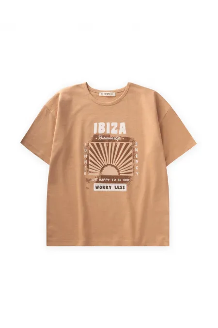T-shirt imprimé Ibiza, couleur camel, pour enfants de 8 à 12 ans.