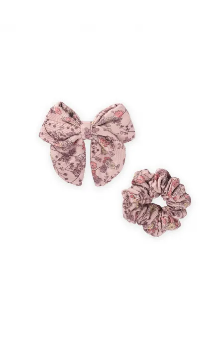 Hair Clip with Ribbon and Elastic, Powder Pink, Floral Design