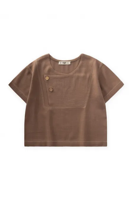 Contrast Stitched Linen Blouse 2-7 Years Old Caramel
