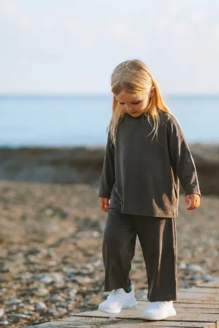 Yumuşak Dökümlü Oversize Bambu Takım 3-10 Yaş Haki Yeşil