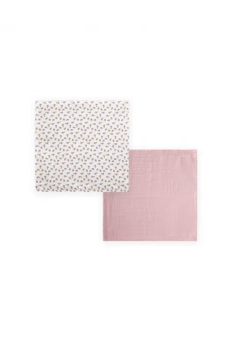 Set of Two Muslin Mouth Cloths, 25x25 cm, Powder Pink, Floral Print