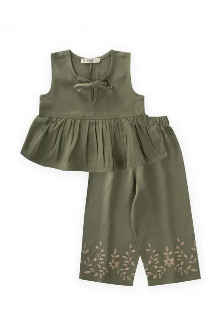Linen Suit with Embroidered Legs, Khaki Green for 2-7 Years Old