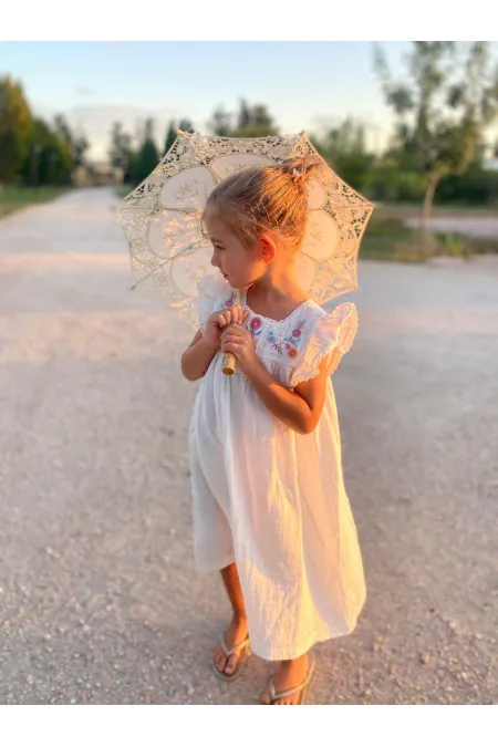 Robe en mousseline de coton biologique brodée, 2-8 ans, écru