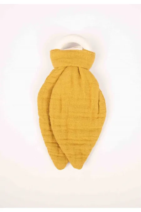 Anneau de dentition en bois et mousseline, jaune moutarde