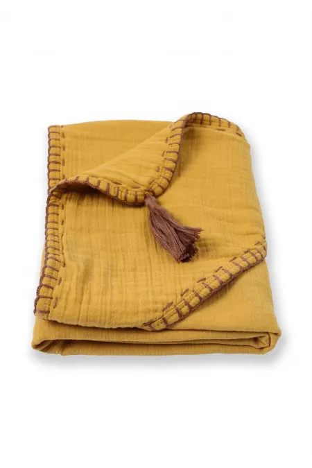 Serviette triangulaire en mousseline double épaisseur faite main (lavée) 75 x 75 cm Jaune moutarde