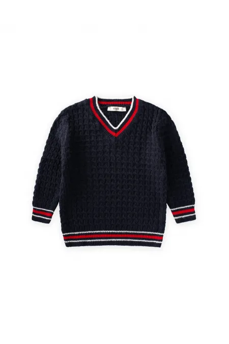 Pull à col en V en maille torsadée, 2-9 ans, bleu marine