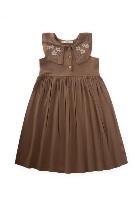 Robe en lin à col brodé, couleur caramel, 2-7 ans