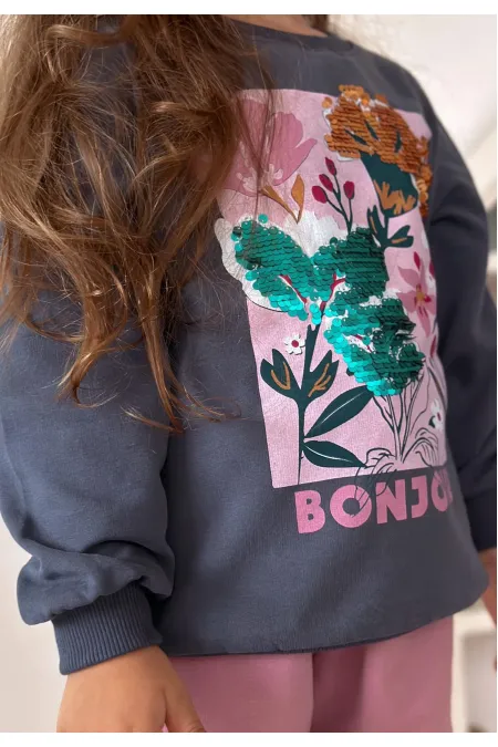 Çiçek Basdkılı Pullu Sweatshirt 1-6 Yaş Lacivert