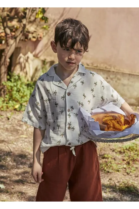 Palm Tree Patterned Shirt Set 2-10 Years Old Ecru