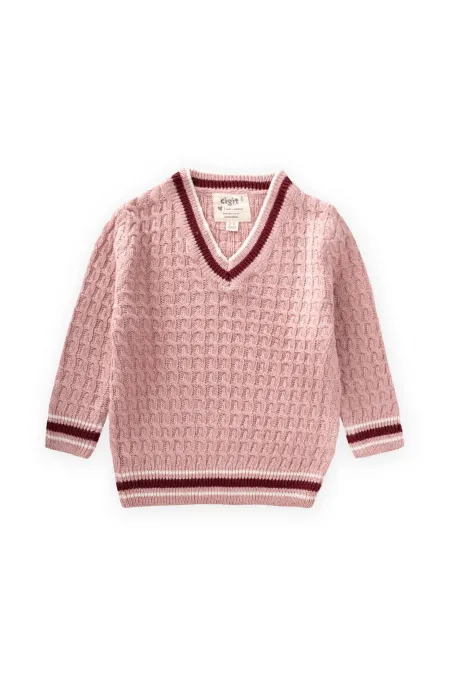Saç Örgü V Yaka Kazak 2-9 Yaş Pudra Pembe