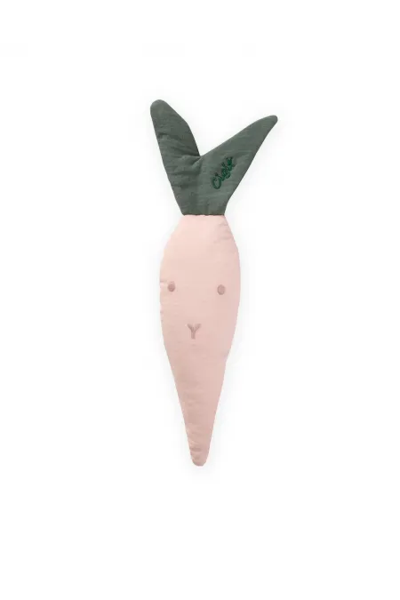 Hochet en mousseline en forme de carotte rose poudré