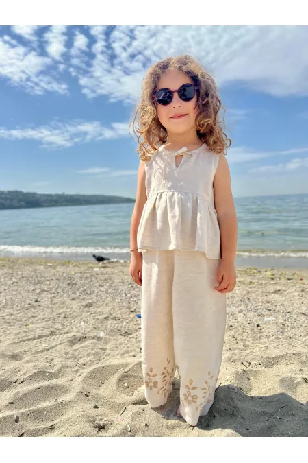 Linen Suit with Embroidered Legs for 2-7 Years Old Natural