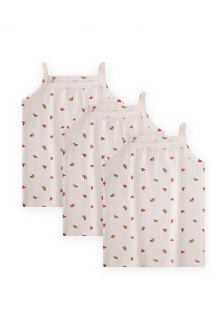 İp Askılı Kız Atlet Üçlü Ekru Karpuz Desen