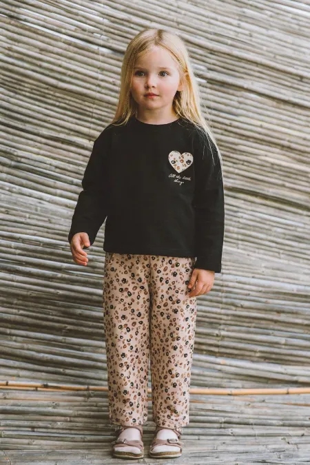 Ensemble pantalon taille haute à manches longues et motifs, tailles 2-8 ans, noir.