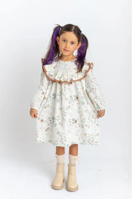 Robe en popeline à volants et dentelle pour enfants de 2 à 7 ans, motif écru