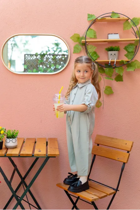 Salopette plissée à col en Tencel vert menthe pour enfants de 2 à 7 ans