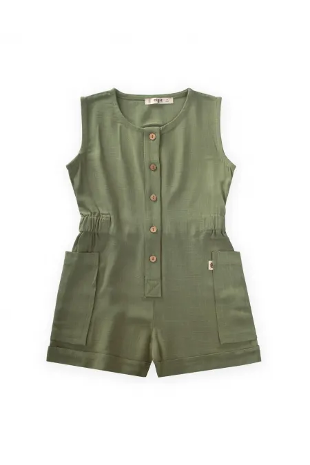 Yanları Cepli Kısa Boy Keten Tulum 2-7 Yaş Haki Yeşil