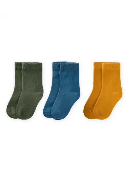 Three-Pack Kids' Socks (Ages 3-10) Mustard, Indigo, Khaki