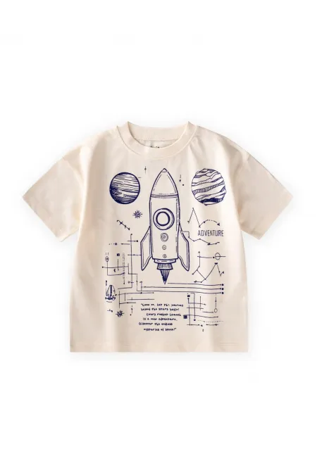 Roket Baskılı T-Shirt 2-12 Yaş Ekru