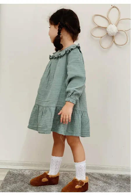 Robası Fırfırlı Mevsimlik Müslin Elbise 2-9 Yaş Çağla Yeşil