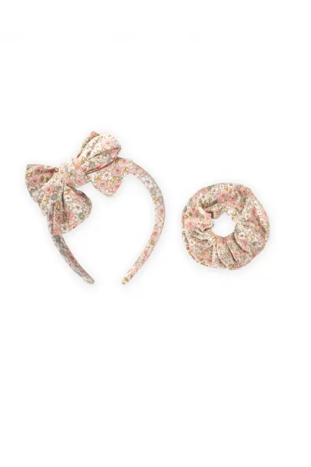 Crown Bow Elastic Hair Clip Set, Beige Floral