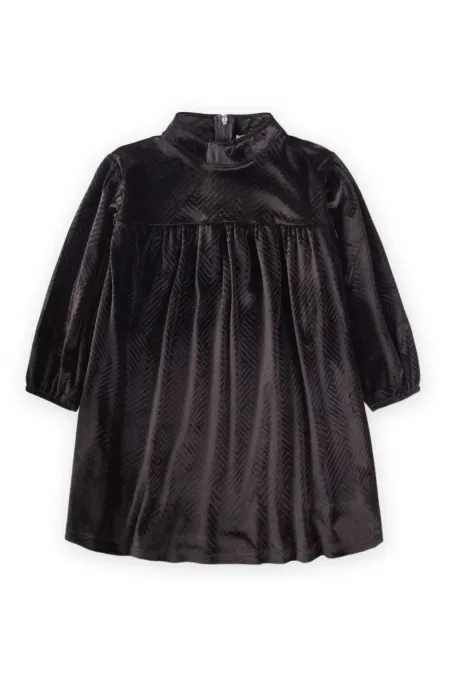 Parlak Kadife Elbise 2-8 Yaş Siyah Desenli