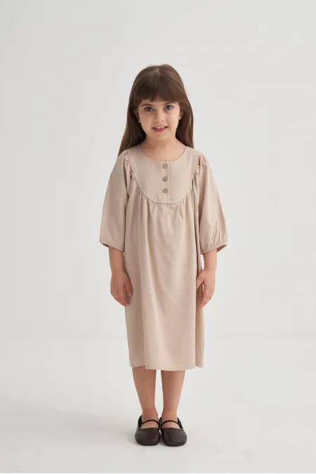 Tencel Robalı Elbise 2-7 Yaş Bej