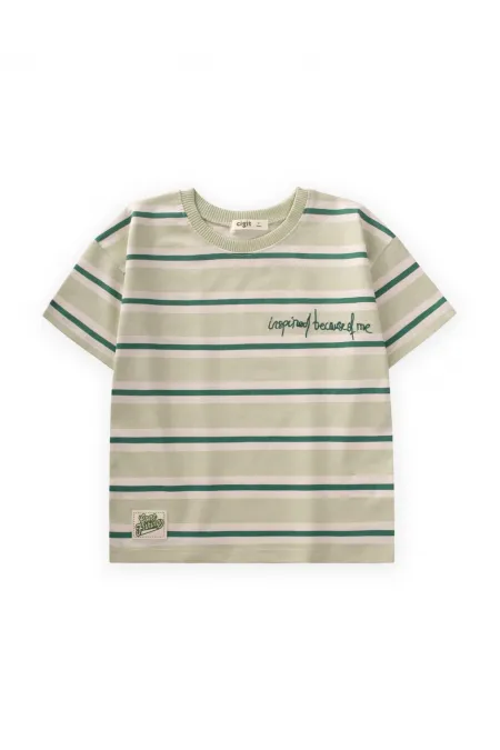 T-shirt à larges rayures brodées pour enfants de 2 à 10 ans, rayures vert menthe et kaki