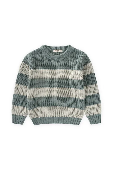 Selanik Çizgili Triko Kazak 2-8 Yaş Haki Yeşil