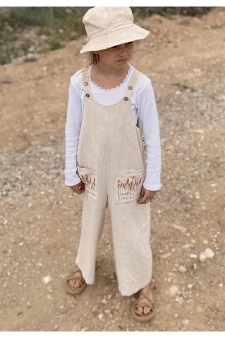Salopette en lin à poches longues pour enfants de 2 à 7 ans, couleur naturelle