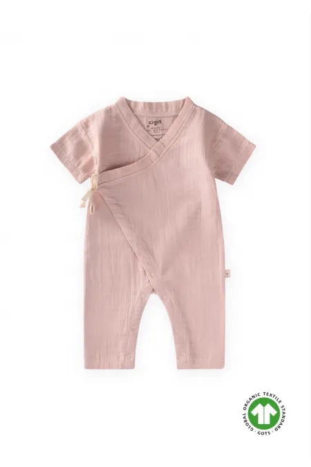 Grenouillère en mousseline bio rose poudré, 0-9 mois