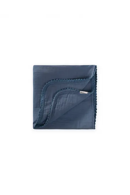 Double Layer Muslin Baby Blanket with Pom-Pom Trim, 100x100 cm +/- 3 cm, Indigo Blue