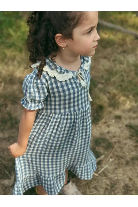 Robe à col à carreaux Peti, bleu indigo, 2-10 ans