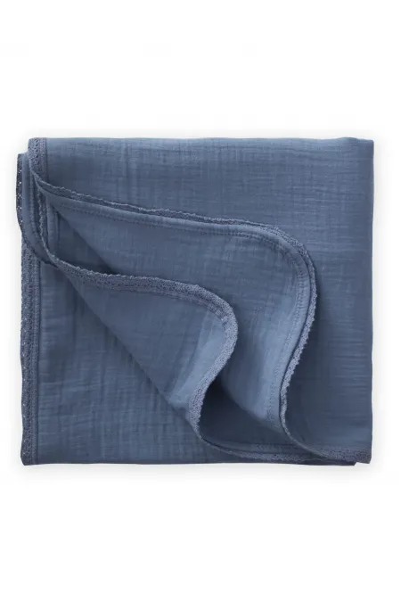 Couverture en mousseline simple épaisseur brodée de dentelle 100 x 100 cm +/- 3 cm Bleu indigo