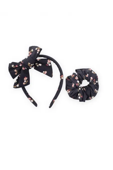 Crown Bow Elastic Hair Clip Set Navy Blue Floral