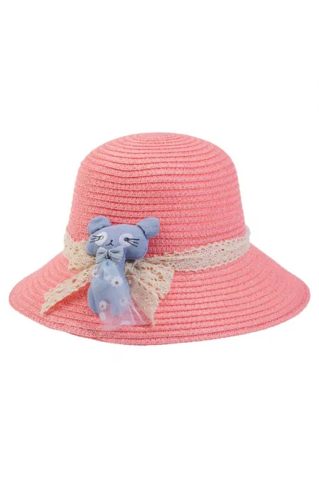 Kedili Hasır Kız Şapka 1-3 Yaş Pembe