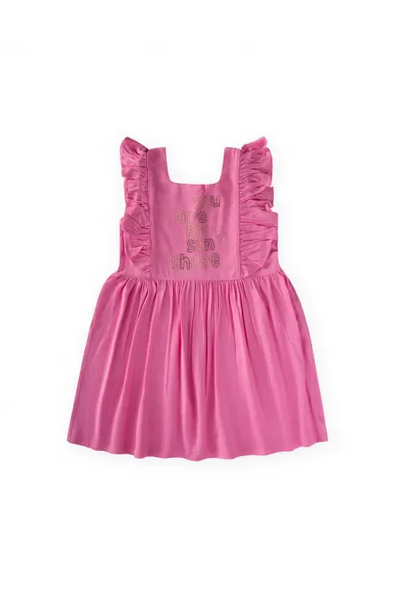 Square Neck Linen Dress with Rhinestone Embellishment, Ages 2-7, Pink